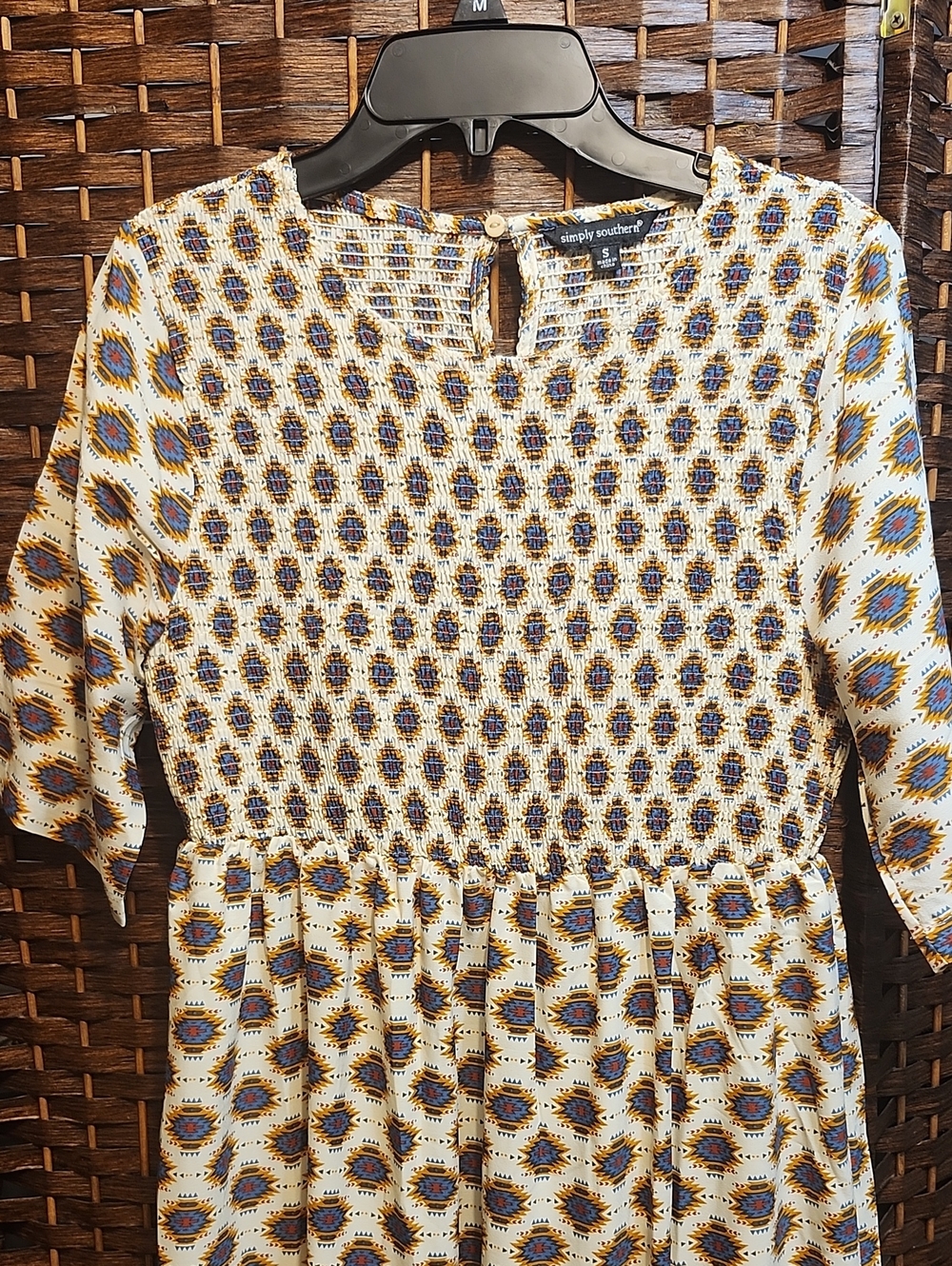 Simply Southern Cream Dress with Blue & Gold Tribal Print